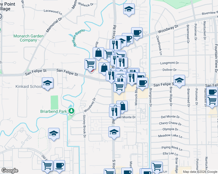 map of restaurants, bars, coffee shops, grocery stores, and more near 7508 Creekwood Drive in Houston