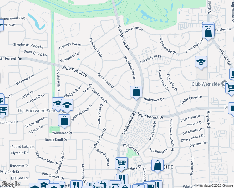 map of restaurants, bars, coffee shops, grocery stores, and more near 11835 Cedar Pass Drive in Houston