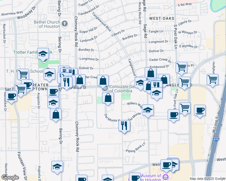 map of restaurants, bars, coffee shops, grocery stores, and more near 5555 San Felipe Street in Houston
