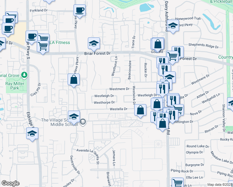 map of restaurants, bars, coffee shops, grocery stores, and more near 12854 Westleigh Drive in Houston