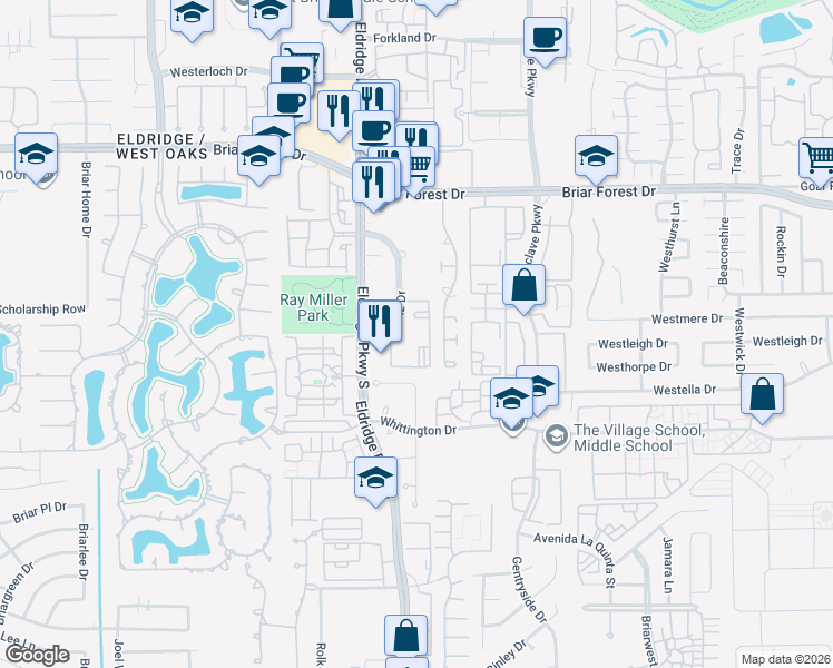 map of restaurants, bars, coffee shops, grocery stores, and more near 1755 Crescent Plaza Drive in Houston