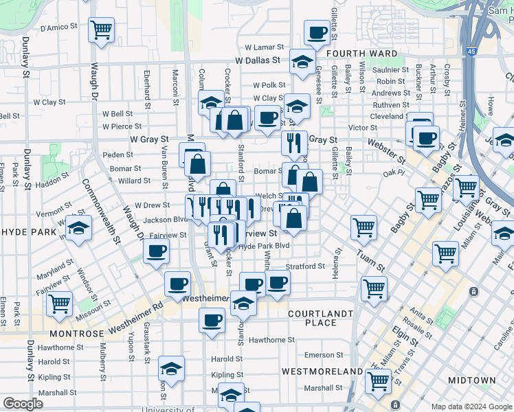 map of restaurants, bars, coffee shops, grocery stores, and more near 2119 Hopkins Street in Houston