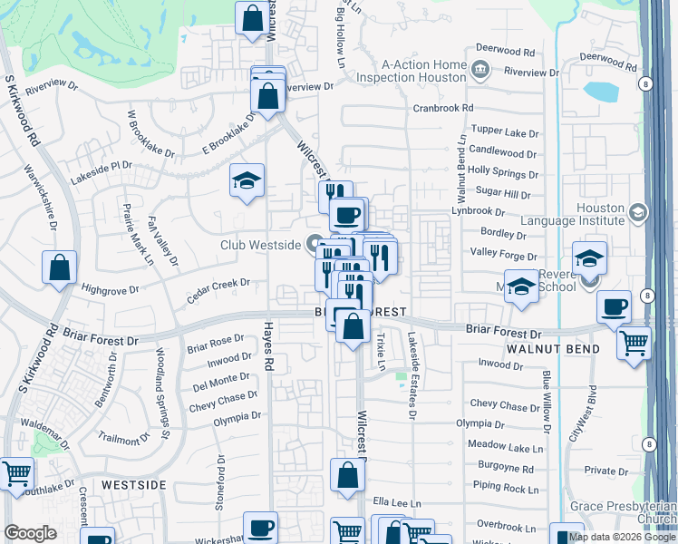 map of restaurants, bars, coffee shops, grocery stores, and more near 1300 Wilcrest Drive in Houston