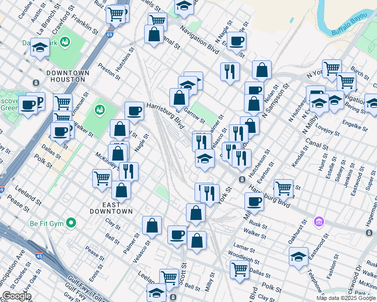map of restaurants, bars, coffee shops, grocery stores, and more near 3000 Harrisburg Boulevard in Houston