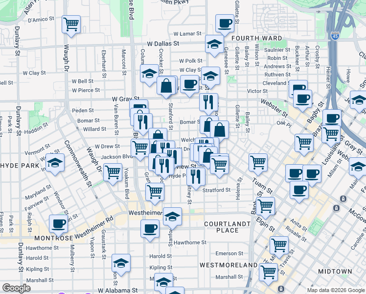 map of restaurants, bars, coffee shops, grocery stores, and more near 2119 Hopkins Street in Houston