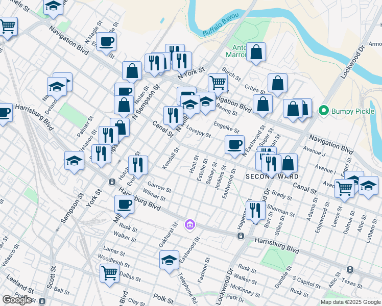 map of restaurants, bars, coffee shops, grocery stores, and more near 16 Drennan Street in Houston