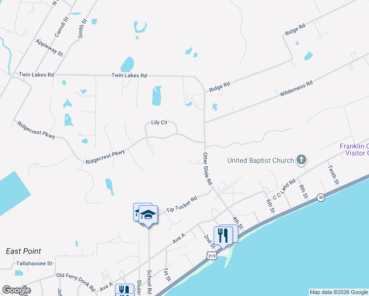 map of restaurants, bars, coffee shops, grocery stores, and more near 390 Ridgecrest Parkway in Eastpoint