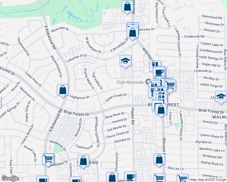 map of restaurants, bars, coffee shops, grocery stores, and more near 11406 Cedar Creek Drive in Houston