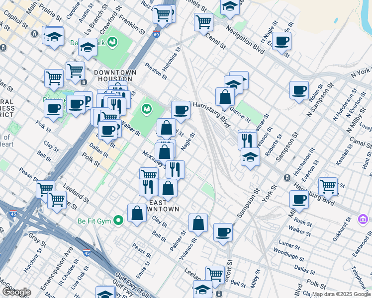 map of restaurants, bars, coffee shops, grocery stores, and more near 2707 Rusk Street in Houston