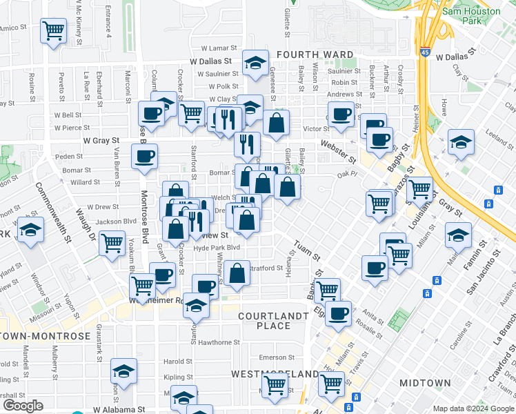 map of restaurants, bars, coffee shops, grocery stores, and more near 202 West Drew Street in Houston