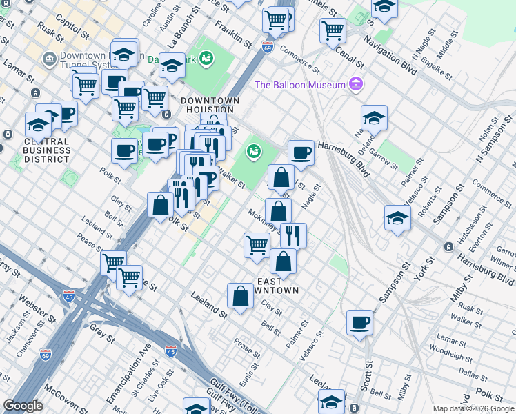 map of restaurants, bars, coffee shops, grocery stores, and more near 2401 McKinney St in Houston