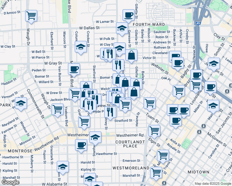 map of restaurants, bars, coffee shops, grocery stores, and more near 323 West Drew Street in Houston