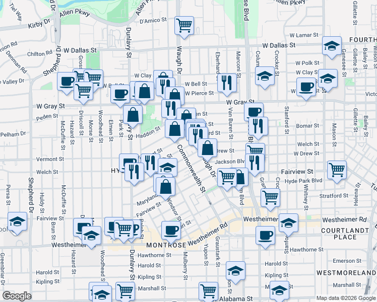 map of restaurants, bars, coffee shops, grocery stores, and more near 1408 Indiana Street in Houston