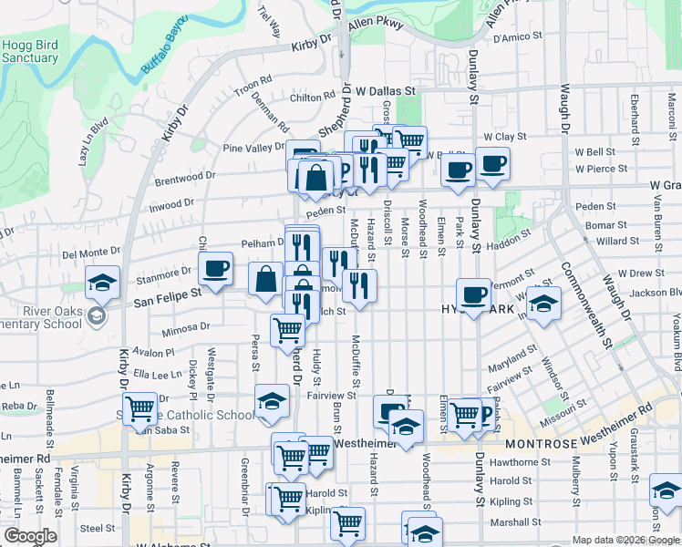 map of restaurants, bars, coffee shops, grocery stores, and more near 1810 Brun Street in Houston