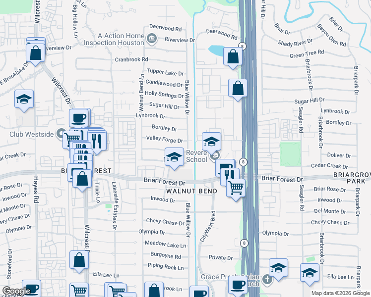 map of restaurants, bars, coffee shops, grocery stores, and more near 10602 Longmont Drive in Houston