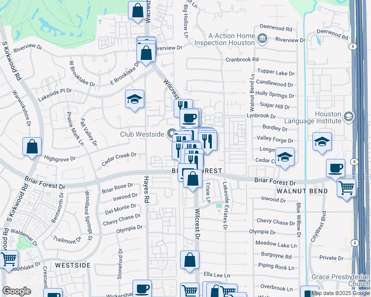 map of restaurants, bars, coffee shops, grocery stores, and more near 1300 Wilcrest Drive in Houston