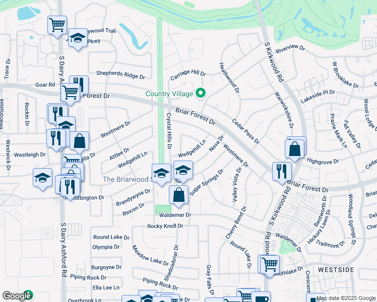 map of restaurants, bars, coffee shops, grocery stores, and more near 12107 Wedgehill Lane in Houston
