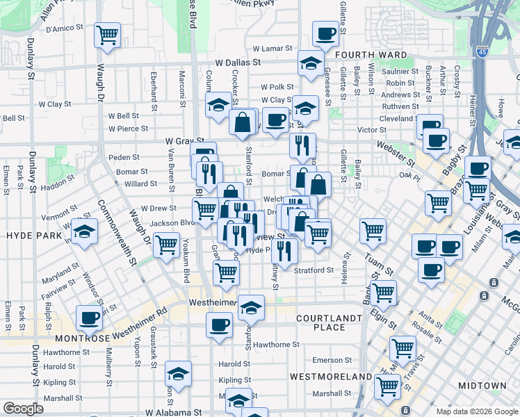 map of restaurants, bars, coffee shops, grocery stores, and more near 2119 Hopkins Street in Houston