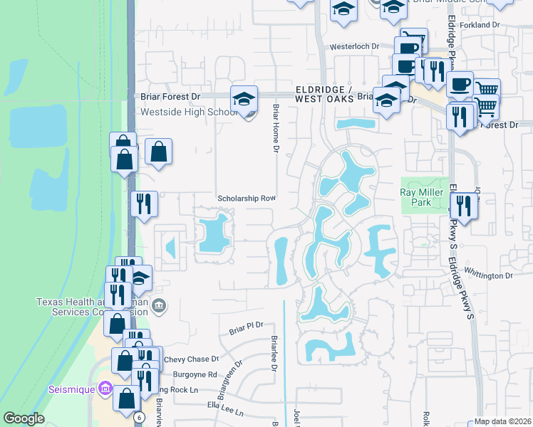 map of restaurants, bars, coffee shops, grocery stores, and more near 14226 Summer Rose Lane in Houston