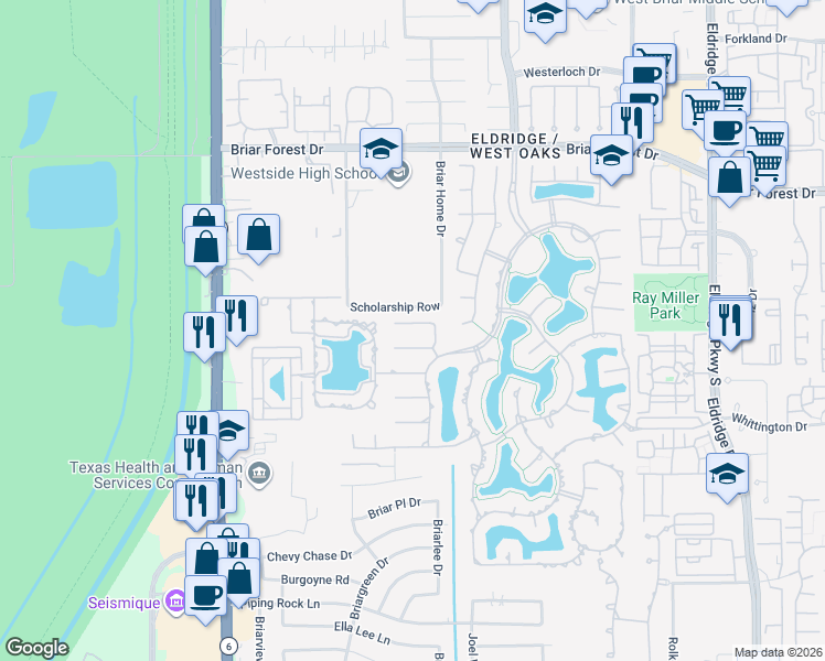 map of restaurants, bars, coffee shops, grocery stores, and more near 14226 Summer Rose Lane in Houston