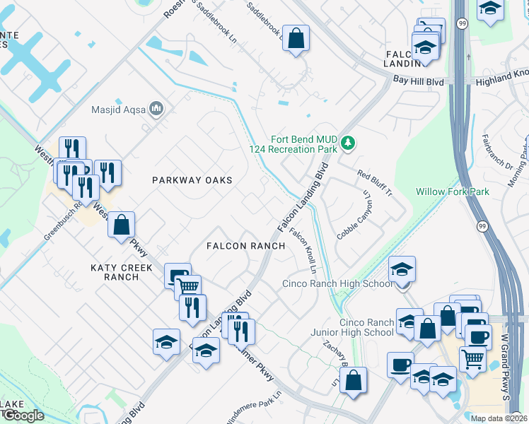 map of restaurants, bars, coffee shops, grocery stores, and more near 2611 Ranch Lake Lane in Katy
