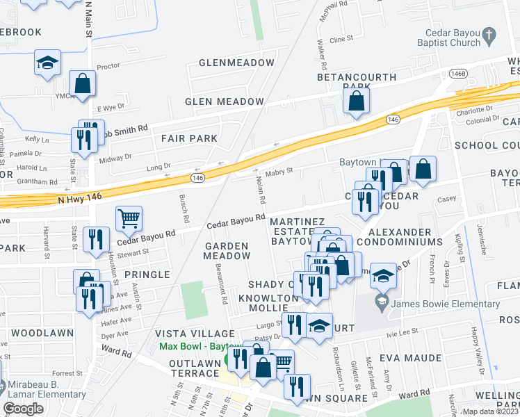 map of restaurants, bars, coffee shops, grocery stores, and more near 2203 Nolan Road in Baytown