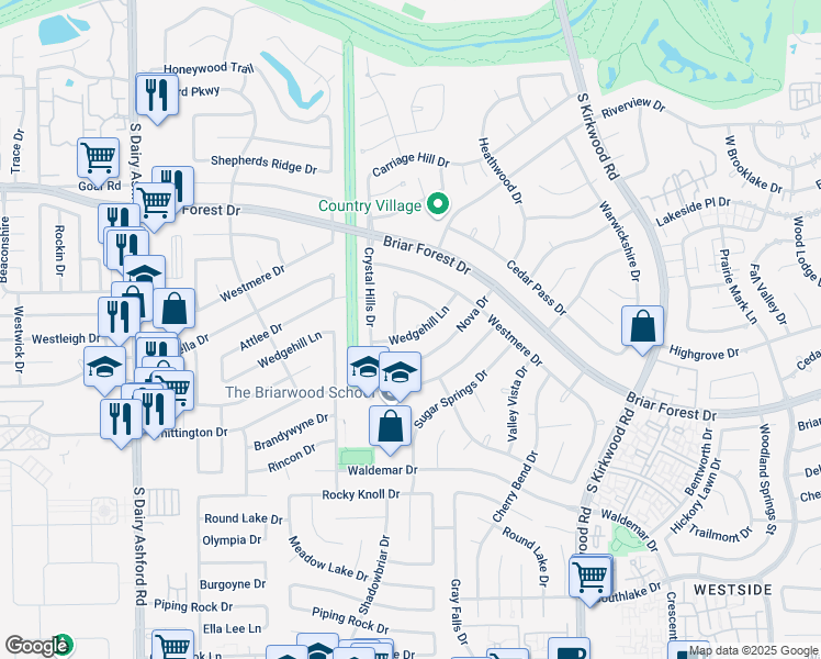 map of restaurants, bars, coffee shops, grocery stores, and more near 12107 Wedgehill Lane in Houston