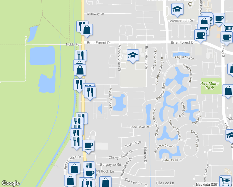 map of restaurants, bars, coffee shops, grocery stores, and more near 14323 Belle River Ln in Houston