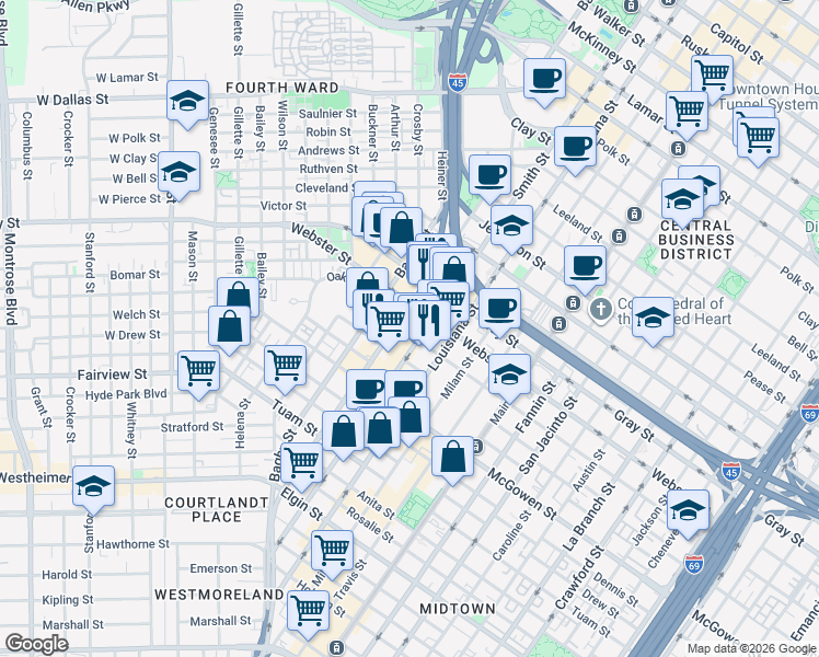 map of restaurants, bars, coffee shops, grocery stores, and more near 2222 Smith Street in Houston