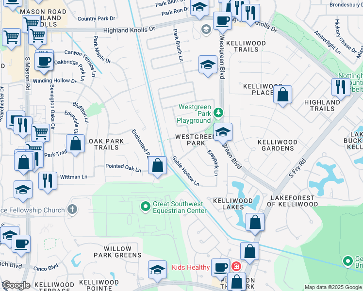 map of restaurants, bars, coffee shops, grocery stores, and more near 2223 Bristol Bend Lane in Katy