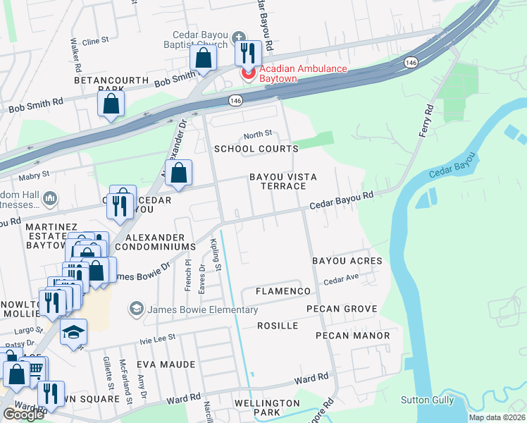 map of restaurants, bars, coffee shops, grocery stores, and more near 2305 Cedar Bayou Road in Baytown