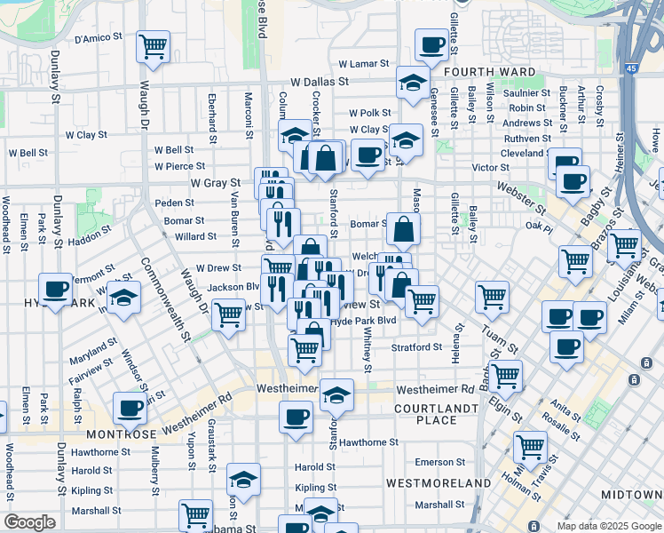 map of restaurants, bars, coffee shops, grocery stores, and more near 2106 Stanford Street in Houston