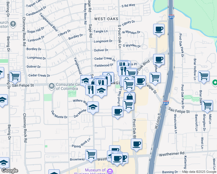 map of restaurants, bars, coffee shops, grocery stores, and more near 5161 San Felipe Street in Houston