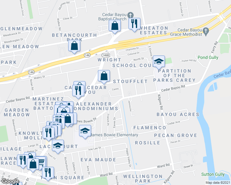 map of restaurants, bars, coffee shops, grocery stores, and more near 1800 James Bowie Drive in Baytown