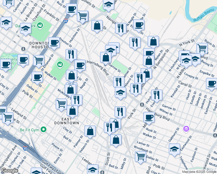 map of restaurants, bars, coffee shops, grocery stores, and more near 3000 Harrisburg Boulevard in Houston