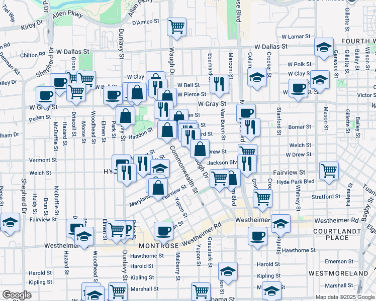 map of restaurants, bars, coffee shops, grocery stores, and more near 1408 Indiana Street in Houston