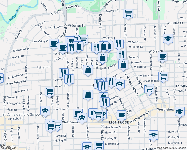 map of restaurants, bars, coffee shops, grocery stores, and more near 1813 Park Street in Houston