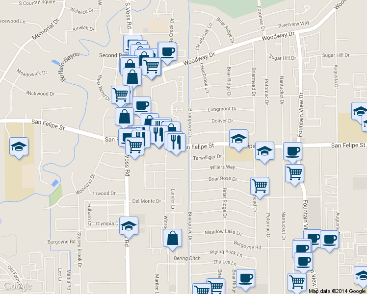map of restaurants, bars, coffee shops, grocery stores, and more near 6331 San Felipe Street in Houston