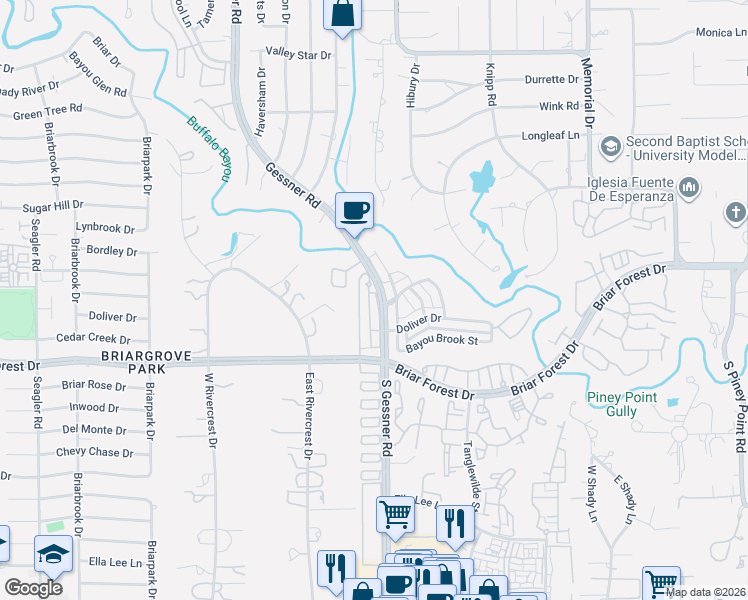 map of restaurants, bars, coffee shops, grocery stores, and more near 36 Bayou Pointe Drive in Houston
