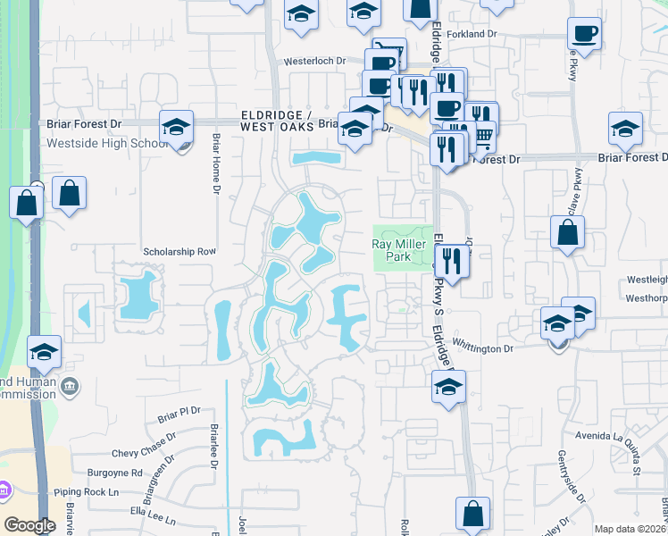 map of restaurants, bars, coffee shops, grocery stores, and more near 13611 Neils Branch Drive in Houston