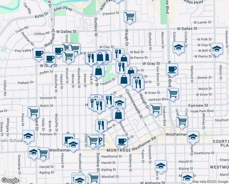 map of restaurants, bars, coffee shops, grocery stores, and more near 1603 Vermont Street in Houston