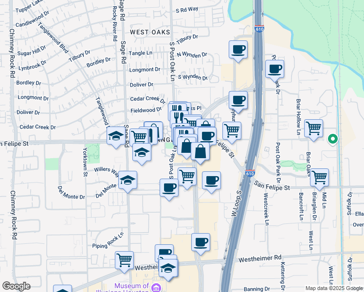map of restaurants, bars, coffee shops, grocery stores, and more near 1719 Post Oak Boulevard in Houston
