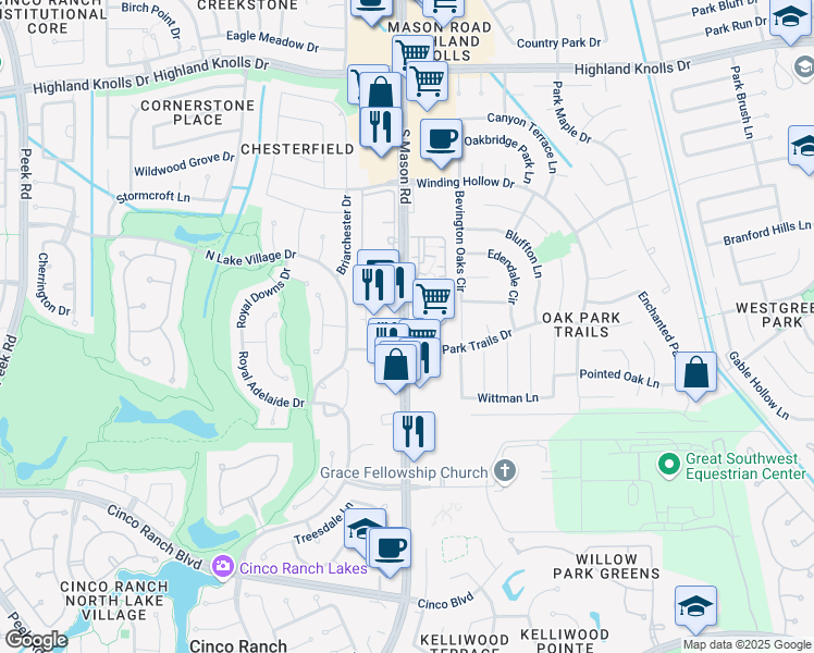 map of restaurants, bars, coffee shops, grocery stores, and more near 2007 South Mason Road in Katy