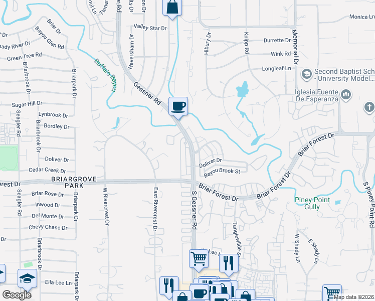 map of restaurants, bars, coffee shops, grocery stores, and more near 36 Bayou Pointe Drive in Houston