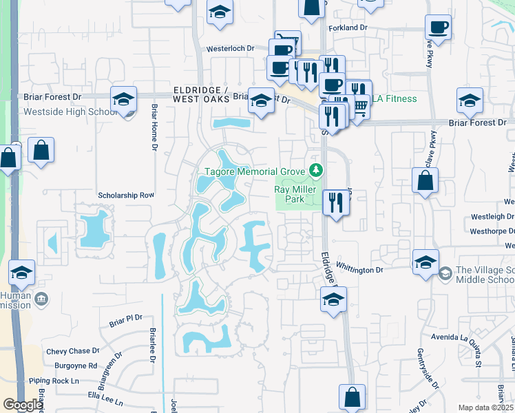 map of restaurants, bars, coffee shops, grocery stores, and more near 13611 Neils Branch Drive in Houston