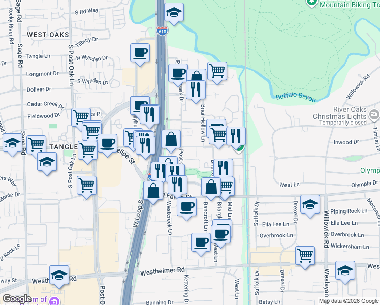 map of restaurants, bars, coffee shops, grocery stores, and more near 1875 Post Oak Park Drive in Houston