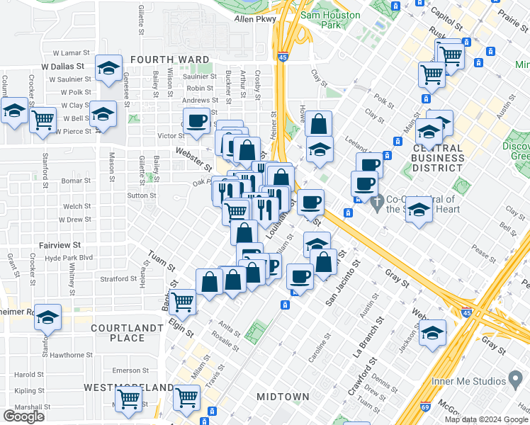 map of restaurants, bars, coffee shops, grocery stores, and more near 612 Hadley Street in Houston