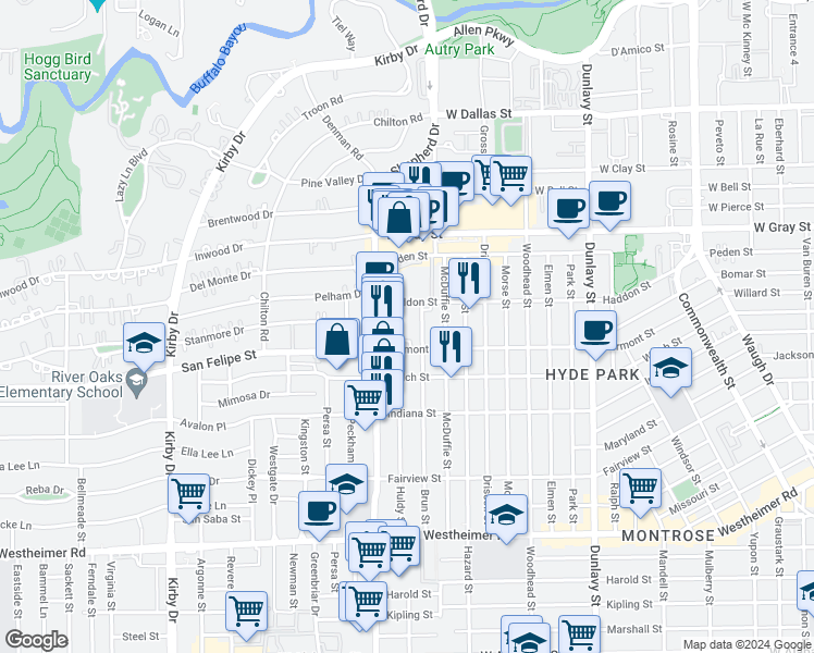 map of restaurants, bars, coffee shops, grocery stores, and more near 1810 Brun Street in Houston