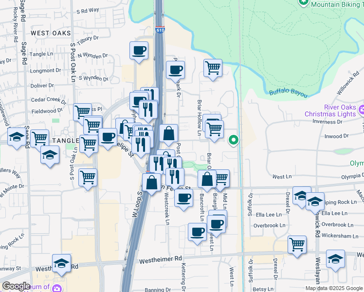map of restaurants, bars, coffee shops, grocery stores, and more near 1900 Post Oak Park Drive in Houston