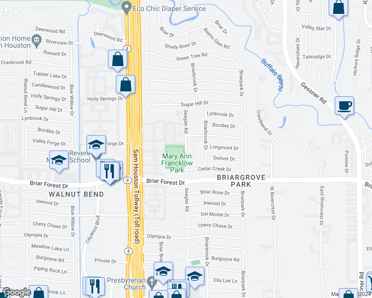 map of restaurants, bars, coffee shops, grocery stores, and more near 1 Twin Circle Drive in Houston